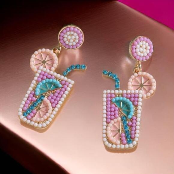 Rhinestone Tropical‎ Drink Dangle Earrings - Picture 1 of 1